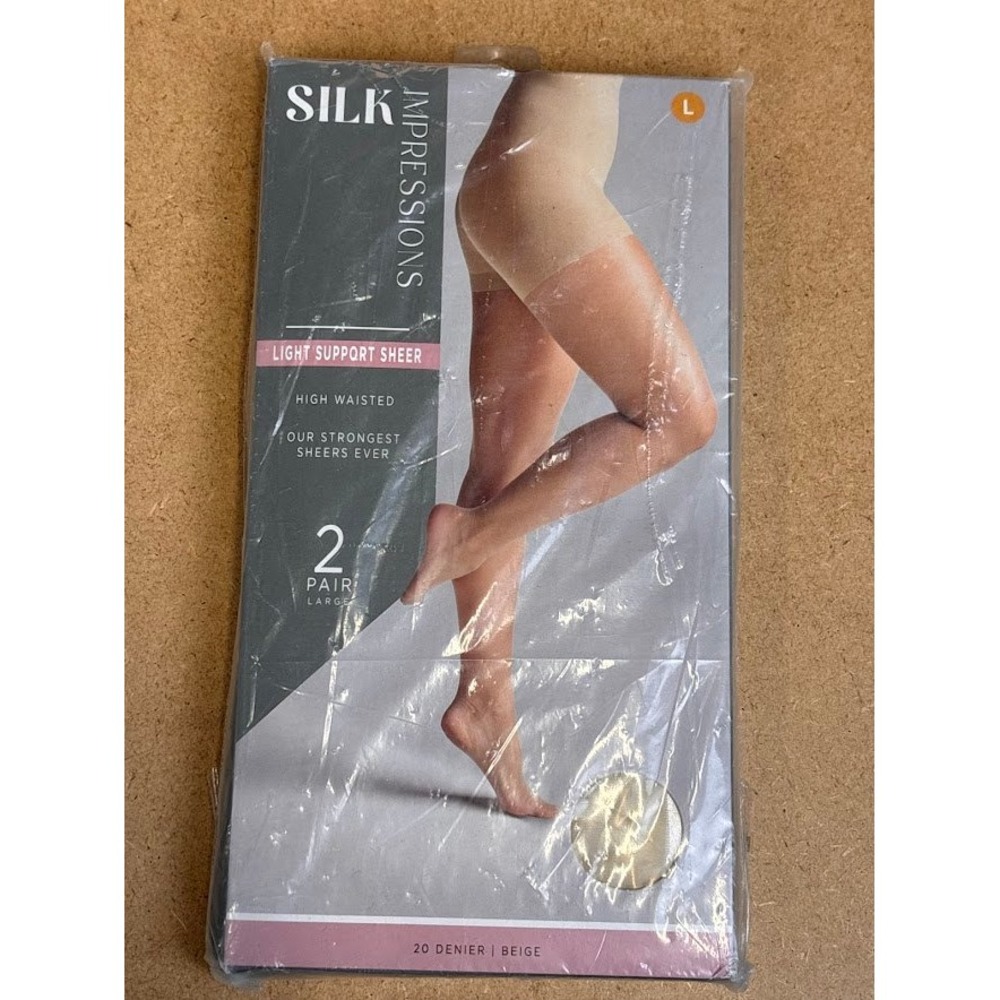 Silk Impressions High Waisted Light Support Sheer‎ Pantyhose Beige 2 Pair Sz Lg